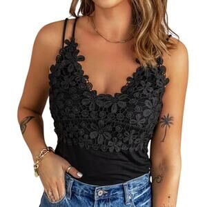 Black Crochet Lace Camisole Tank Top Small Strappy Boho Chic Y2K Floral NWOT